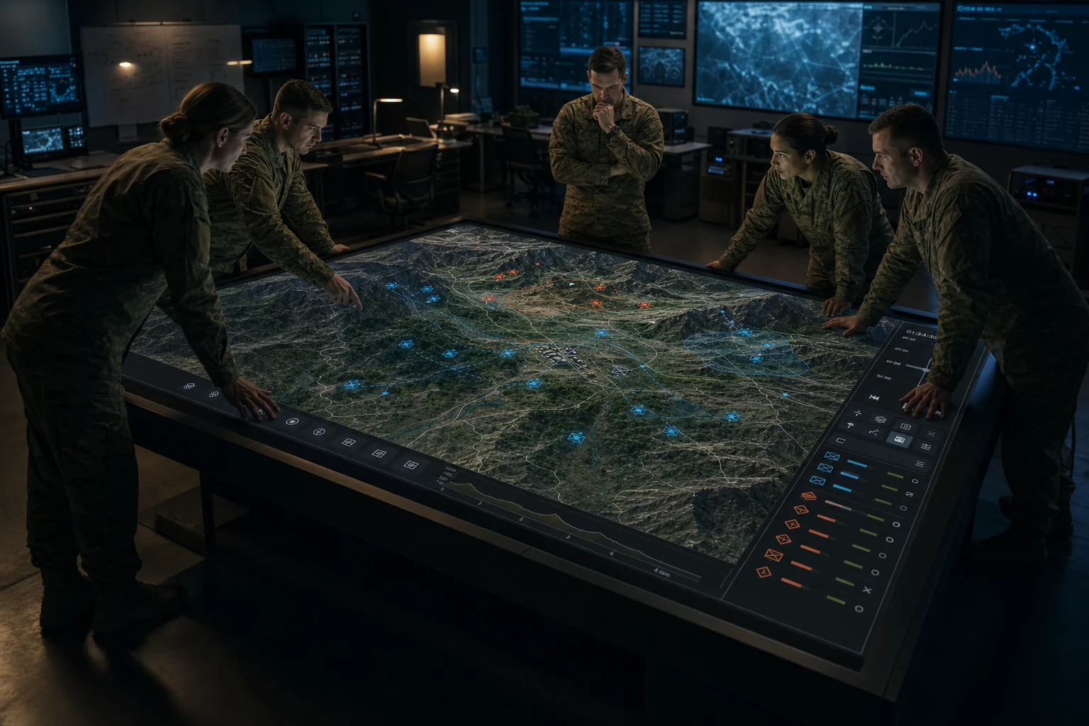 Five warfighters collaborating around a large interactive virtual sand table displaying mountainous terrain, force overlays, and mission routes.